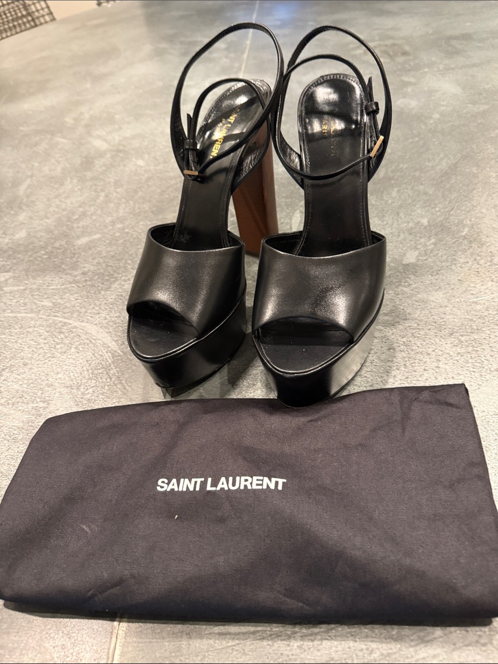 Saint Laurent Black Leather Platform Slingback Sandals with Brown Block Heel